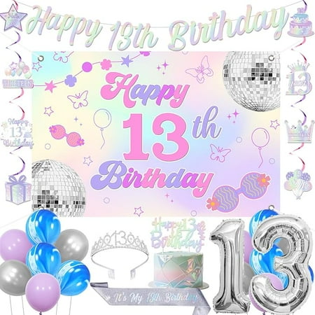 Iridescent 13th Birthday Decorations for Girls, Happy 13th Birthday Banner Backdrop Hanging Swirls Cake Topper Crown Sash Balloons for 13 Years Old Party Supplies