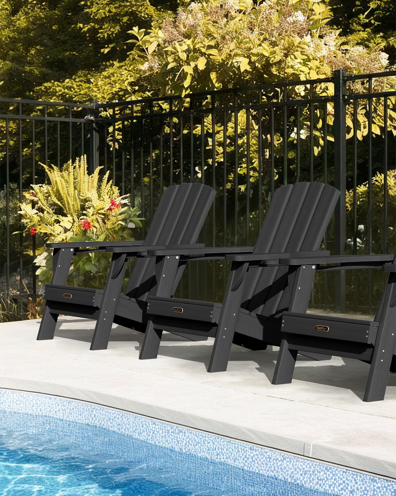 Folding Adirondack Chair set of 6, HDPE All-Weather Lawn Chair with 2 Cup Holder, Patio Garden Outdoors Fire Pit, Black