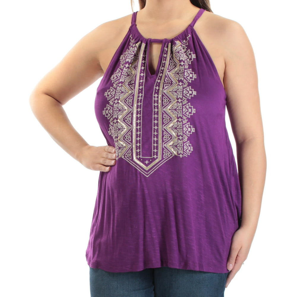 INC - INC Womens Purple Sequined Embroidered Printed Sleeveless Halter ...
