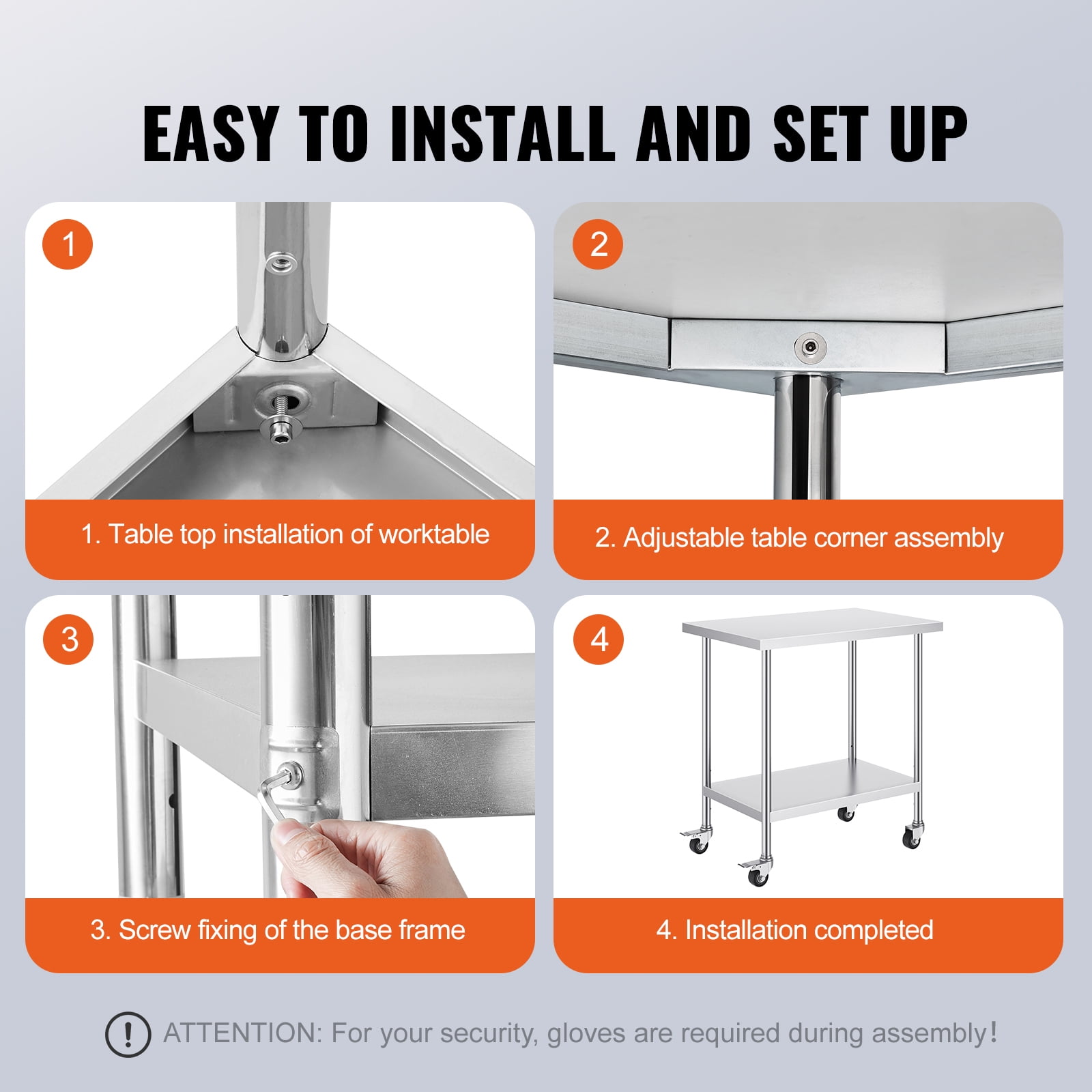KFFKFF 24x36x38 Inch Stainless Steel Prep Table, Equipped with 4 Casters and 3 Height Settings, Durable for Restaurant Kitchen Use, Silver