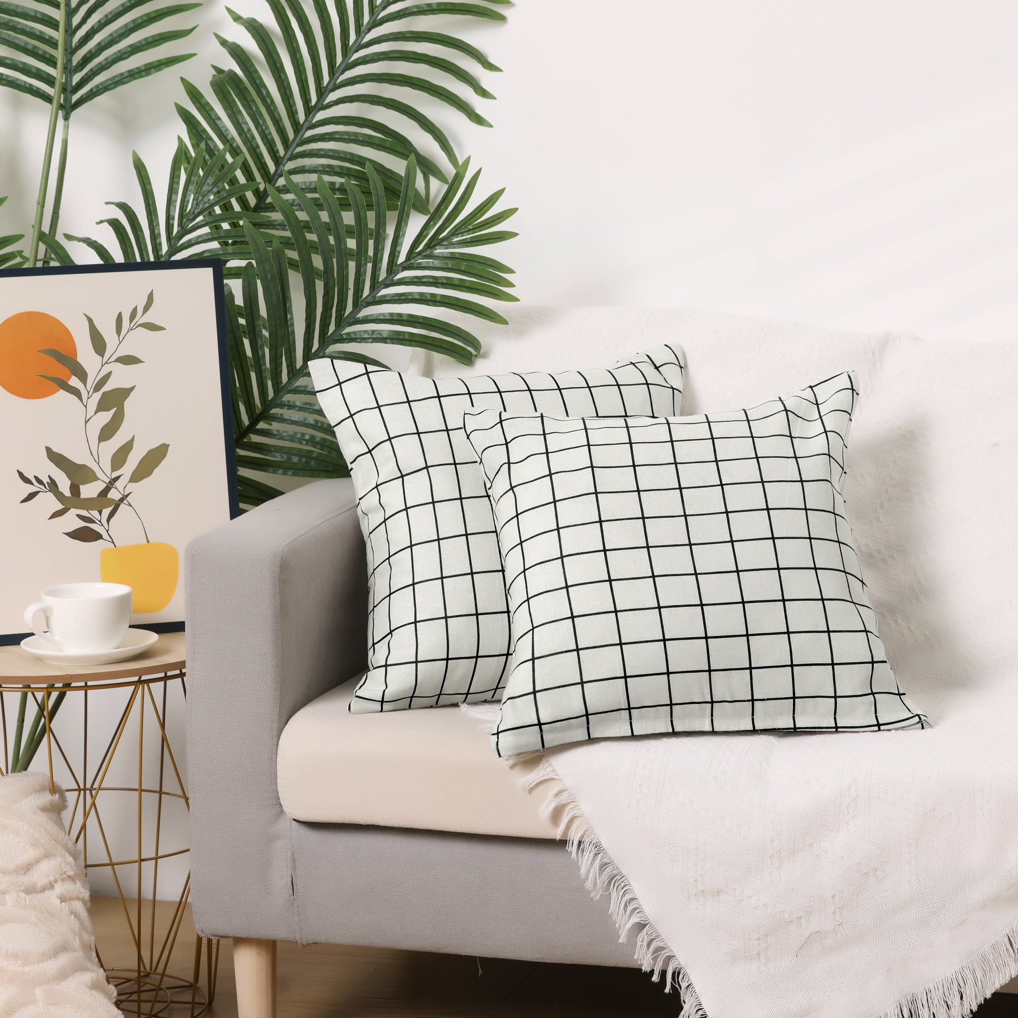 Unique Bargains Plaid Throw Pillow Covers Square Linen Cushion Pillowcase White 20" x 20"
