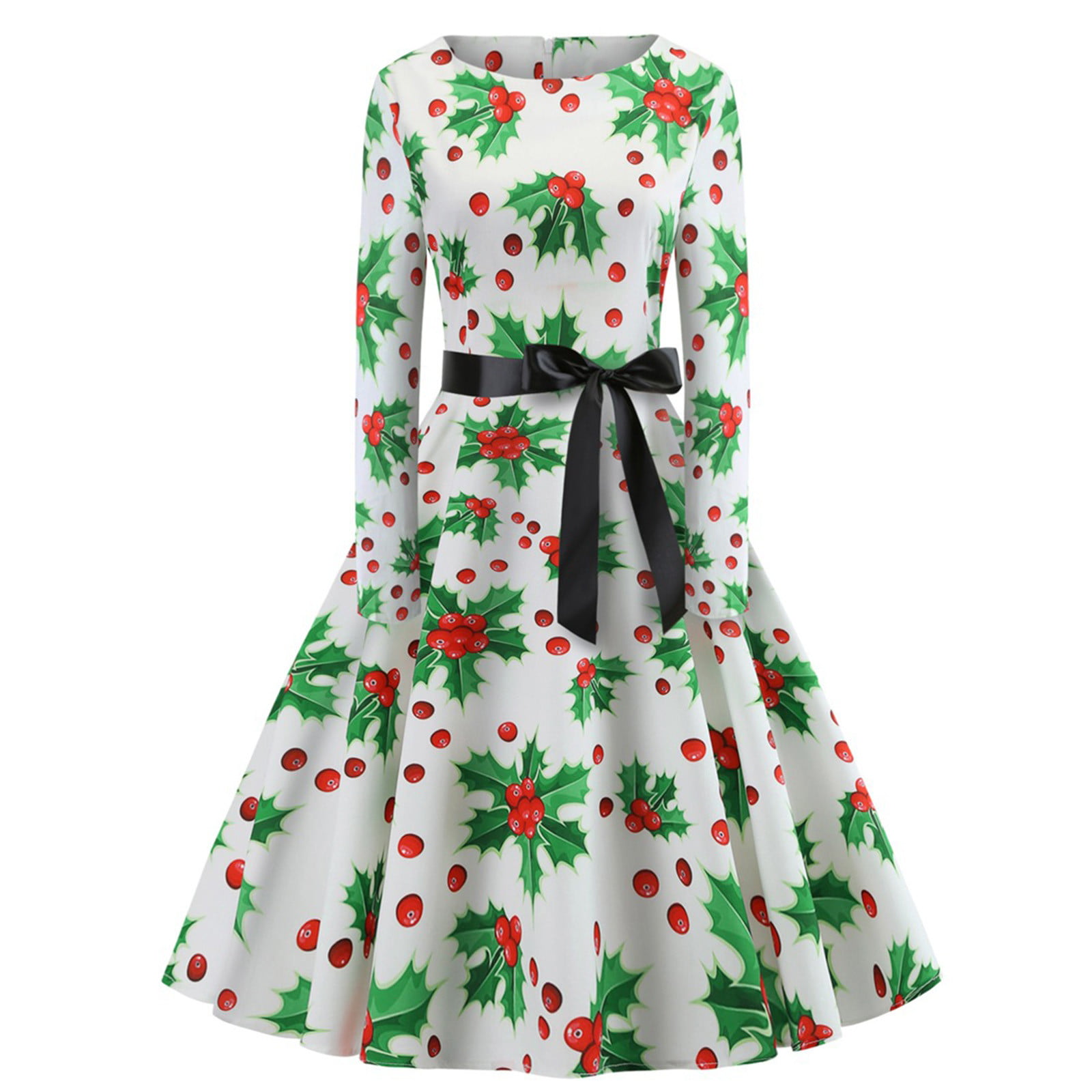 Vintage O-Neck Print Shirt Sleeve Evening Party Swing Pleated Dress Women's Christmas Dresses