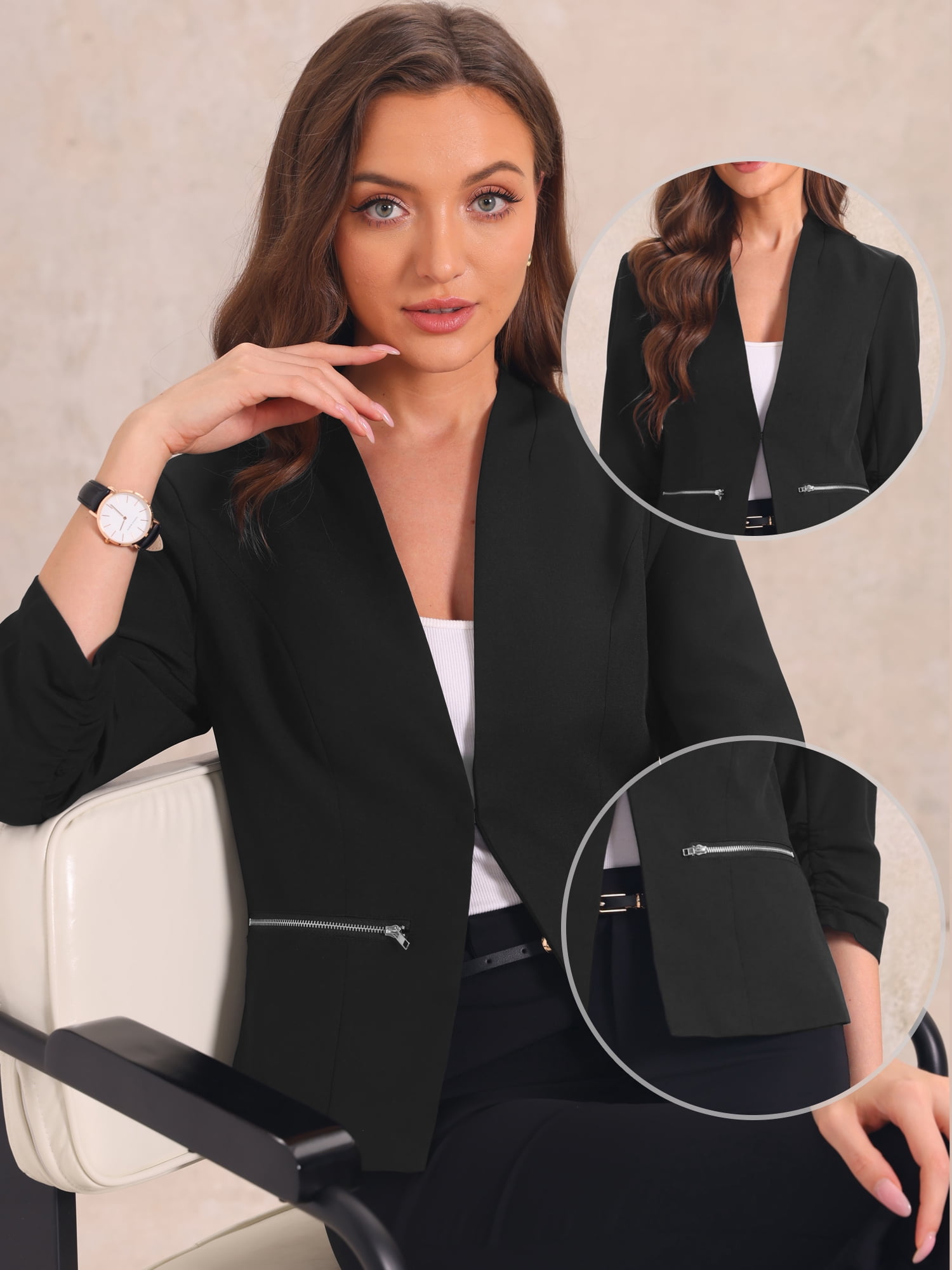 DARING DIVA Women's 3/4 Ruched Sleeve Blazer with Zipper Pockets XS Black