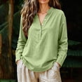 thumbnail image 2 of BODOAO Women Long Sleeve Cotton Linen Blouses Fashion Outfits Solid Color Tunic Tops Soft Breathable Henley Neck Gauze Tops Vacation Shirts Quick Dry Summer Casual Top Travel Top Lounge Light Green L, 2 of 7