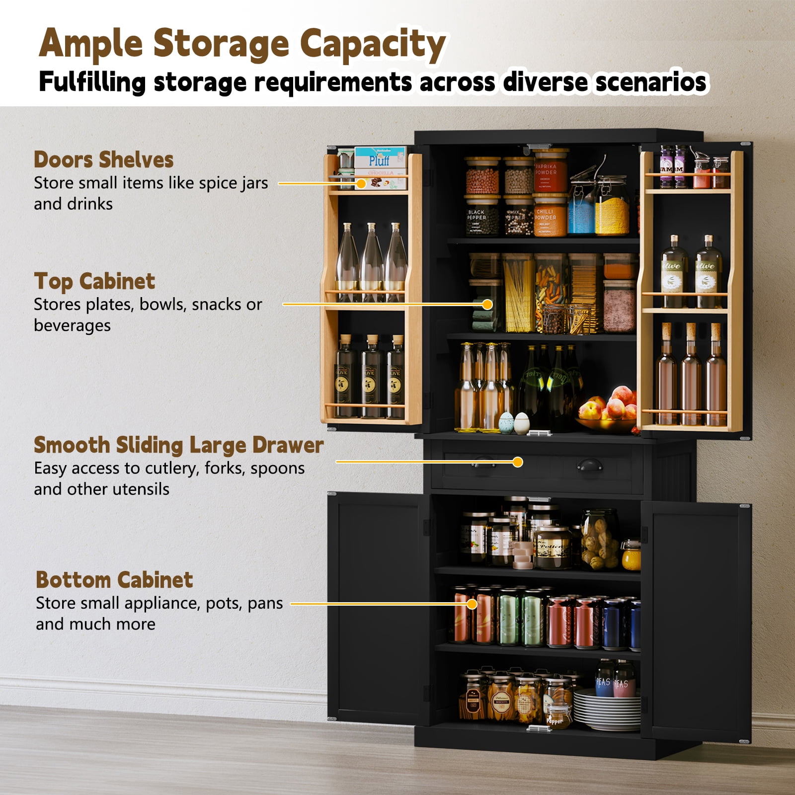 HLR 72" Utility Pantry Storage Cabinet, Tall Cupboard with Door Shelves and Drawer for Kitchen, Black