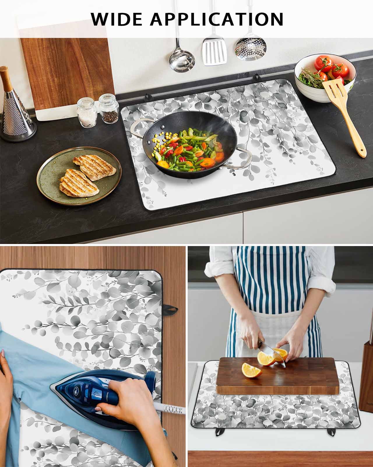 nqOlkjepod Large Induction Cooktop Protector Mat 36"x21", Eucalyptus Grey Stove Top Covers for Electric Stove, Farmhouse Leaves Summer Spring Leaf Stove Burner Cover Mats, Glass Top Stove Cover