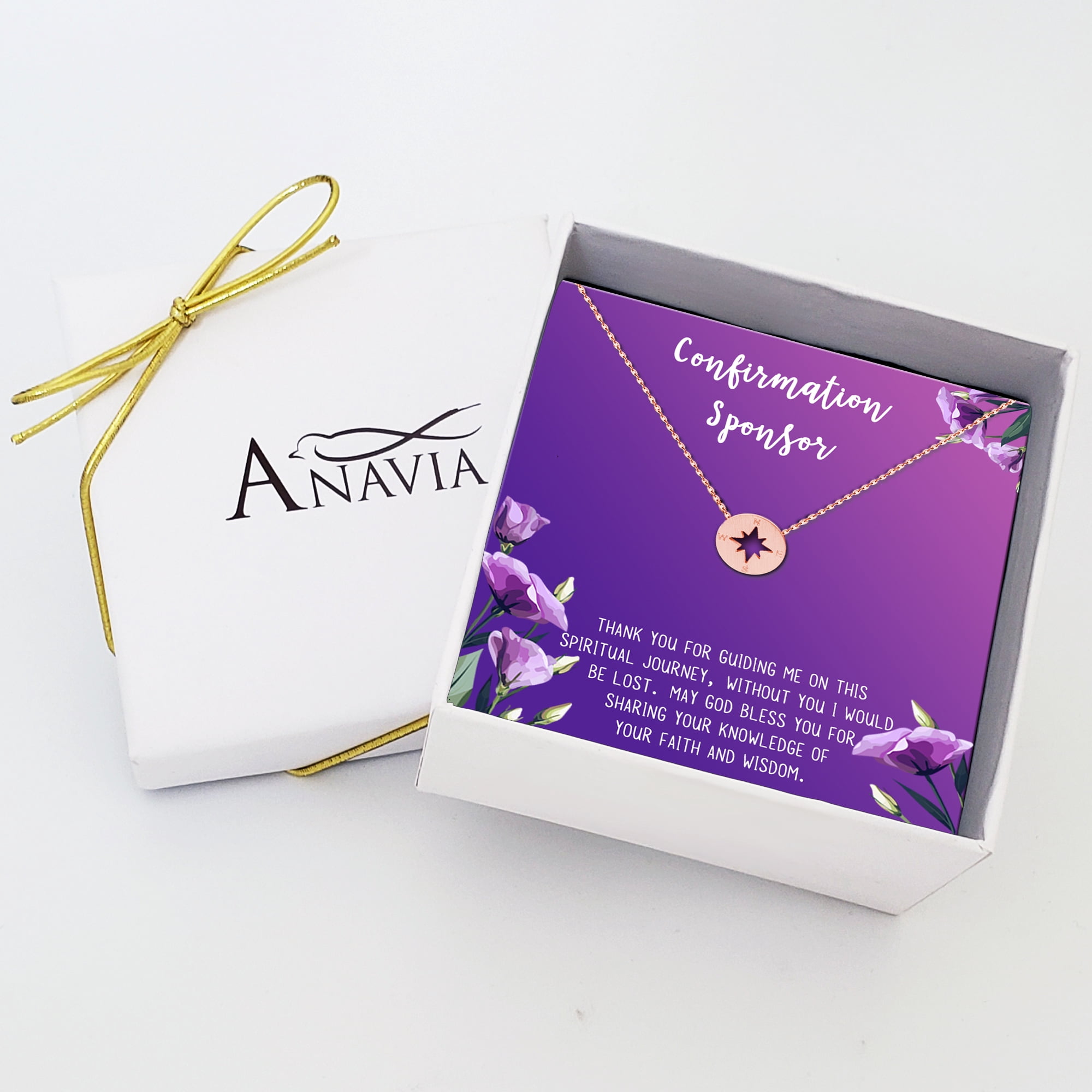 Anavia Confirmation Sponsor Gift for Women, Gifts for Sponsors, Baptism Gift, Goddaughter Gift, Thank you Religious Sponsor Gifts Card Necklace-[Rose Gold Compass, Royal Purple Gift Card]