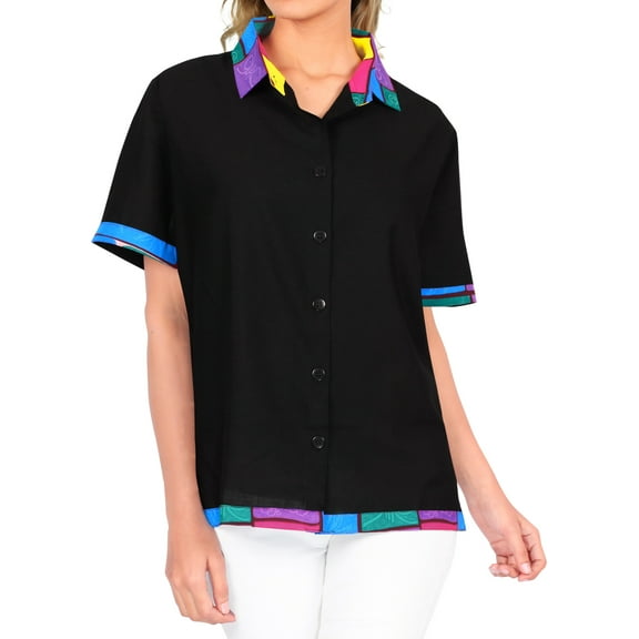 HAPPY BAY Women's Casual Blouse Shirt Solid Blouses Short Sleeve Button Down Dress Tops Tee Shirts Hawaiian Dresses for Women S Black_AA47