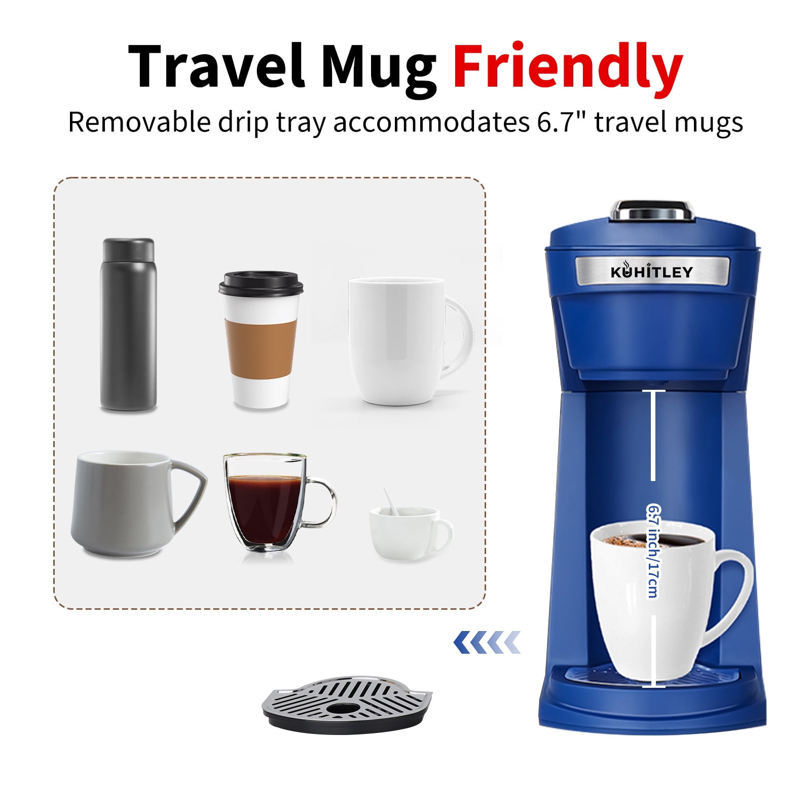 2 in 1 Single Serve Coffee Maker for K Cup Pods & Ground Coffee, Mini K Cup Coffee Machine with 6 to 14 oz Brew Sizes, Single Cup Coffee Brewer with One-Press Fast Brewing, Reusable Filters,Blue