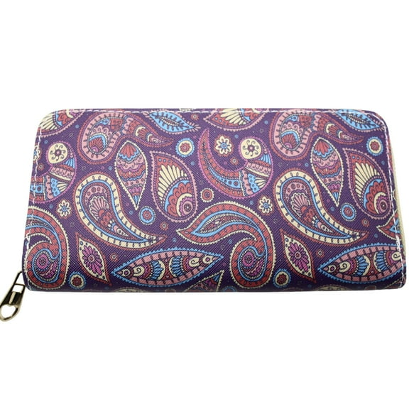 Purple White Paisley Print Zip Wallet Clutch Easy to Hold & Carry 8 x4"