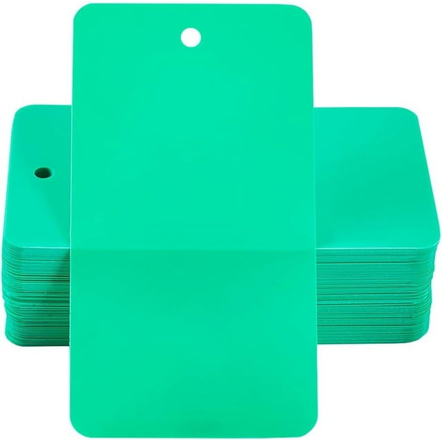 100 etiquetas de plástico verdes para envíos, en blanco, impermeables, rectangulares, de 5 x 9 cm, para colgar, con ojales para identificación de nombre, etiquetas para cables.