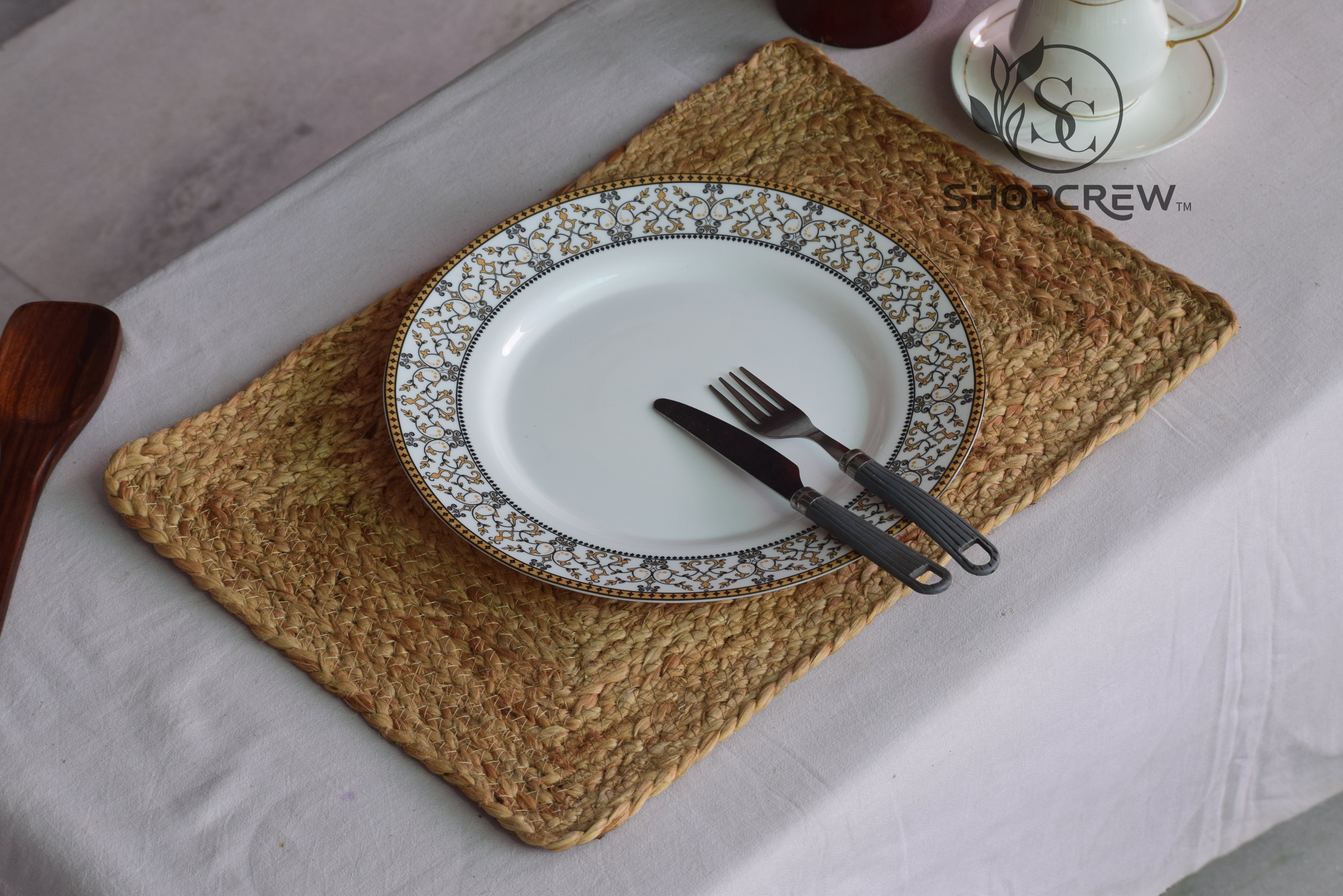 SHOPCREW Set of 2 Braided Jute Placemat - 12" x 17" - Beige Jute Table Place Mat- 100% Jute Heat Resistance Placemats Home Kitchen Dining Table Decor