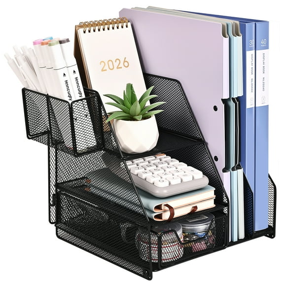 Desk Organizer, File Organizer for Desk with 2-Tier Paper Letter Tray, Drawer and 2 Pen Holder, Mesh Desktop Organization with Magazine Holder for Office Supplies