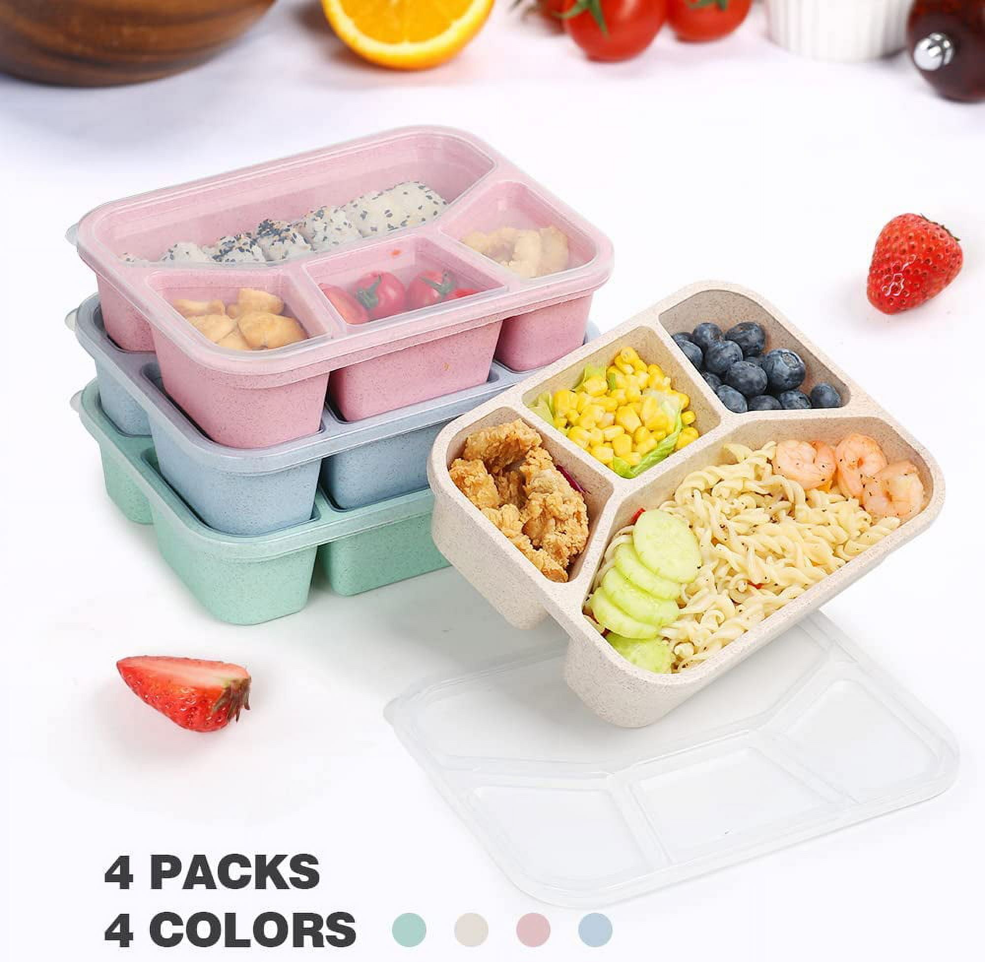 PUiKUS 4 Pack Snack Containers, 4 Compartments Bento Snack Box, Reusable  Meal Prep Lunch Containers for Kids Adults, Divided Food Storage Containers