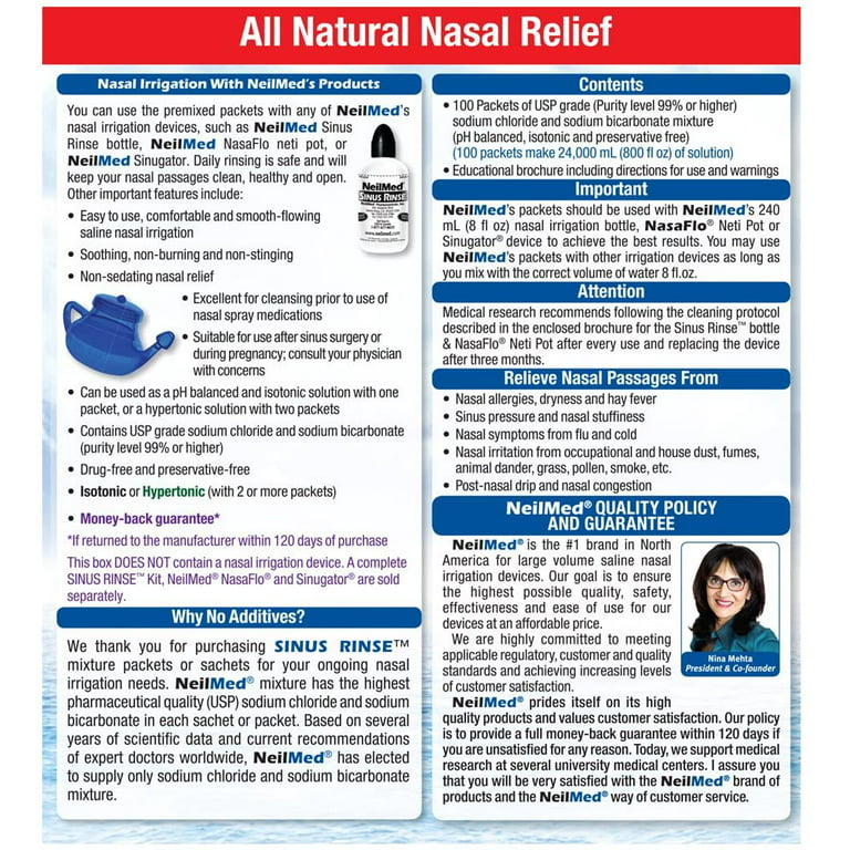 Neti Pot Salt Packets Individually 100 Saline Packets Nasal Wash Refill Kit, Sinus Rinse Packets for Neti Pots, Nasal Irrigation System, Nasal Rinse, Sinus Relief