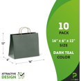 thumbnail image 2 of Bolsas de papel Kraft verde azulado oscuro, 16" x 6" x 12" a granel. Paquete de 10 bolsas grandes para compras con asas. Bolsas de papel recicladas artesanales sin logotipo para pequeñas empresas;, 2 of 6