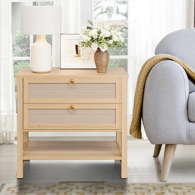 EDTara Rattan Night Stand Set, Pair Of Mid Century Modern Bedside Tables With Storage Shelf and Drawers