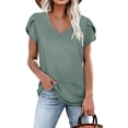 thumbnail image 1 of Camiseta de manga corta con pétalos para mujer, camiseta informal con cuello en V y agujeros calados, color verde oscuro, L, 1 of 5