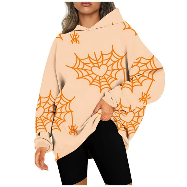 Cameland Women's Sweatshirts Halloween Love Spider Web Pattern Printed  Hoodie Loose Large Size Cordless Pullover Autumn and Winter Fashion Casual