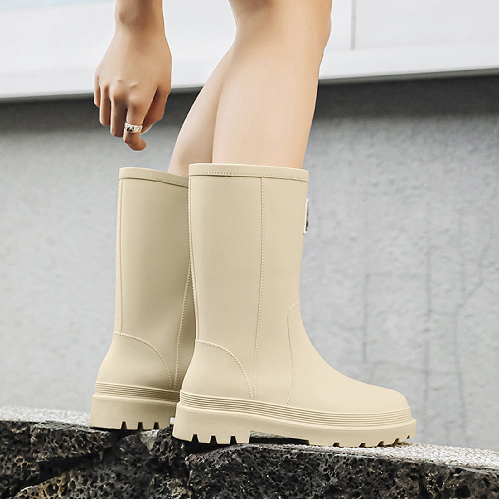 KANG Women's Mid Calf Rain Boots Slip Fashion Rubber Shoes With Thick Sole Rain Boots Collar Gardening Boots Ultra Lightweight Portable Garden Shoes