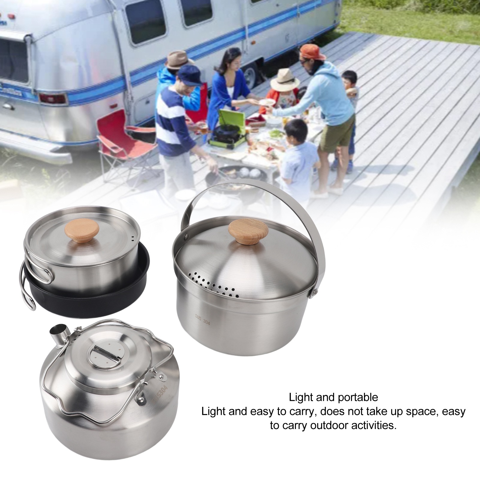 M Buder Camping Cookware Set Stainless Steel Pot Pan Kettle Kit Portable Lightweight Outdoor Cooking Set for Travel Backpacking Hiking Picnic 4 Pieces