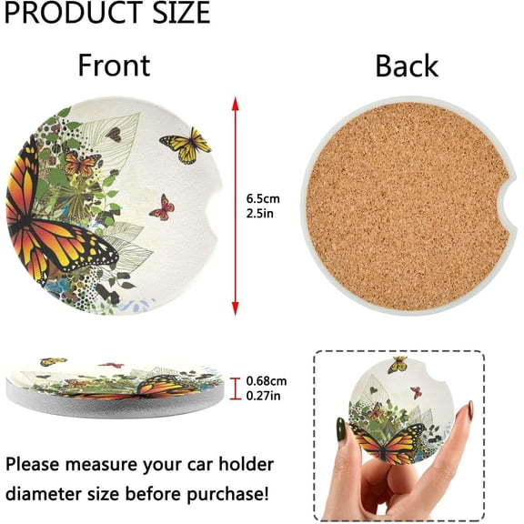FREEAMG Colorful Butterfly Car Coasters 2 PCS Drinks Absorbent Ceramic Stone Car Coasters with Fingertip Grip Car Cup Holder Coasters