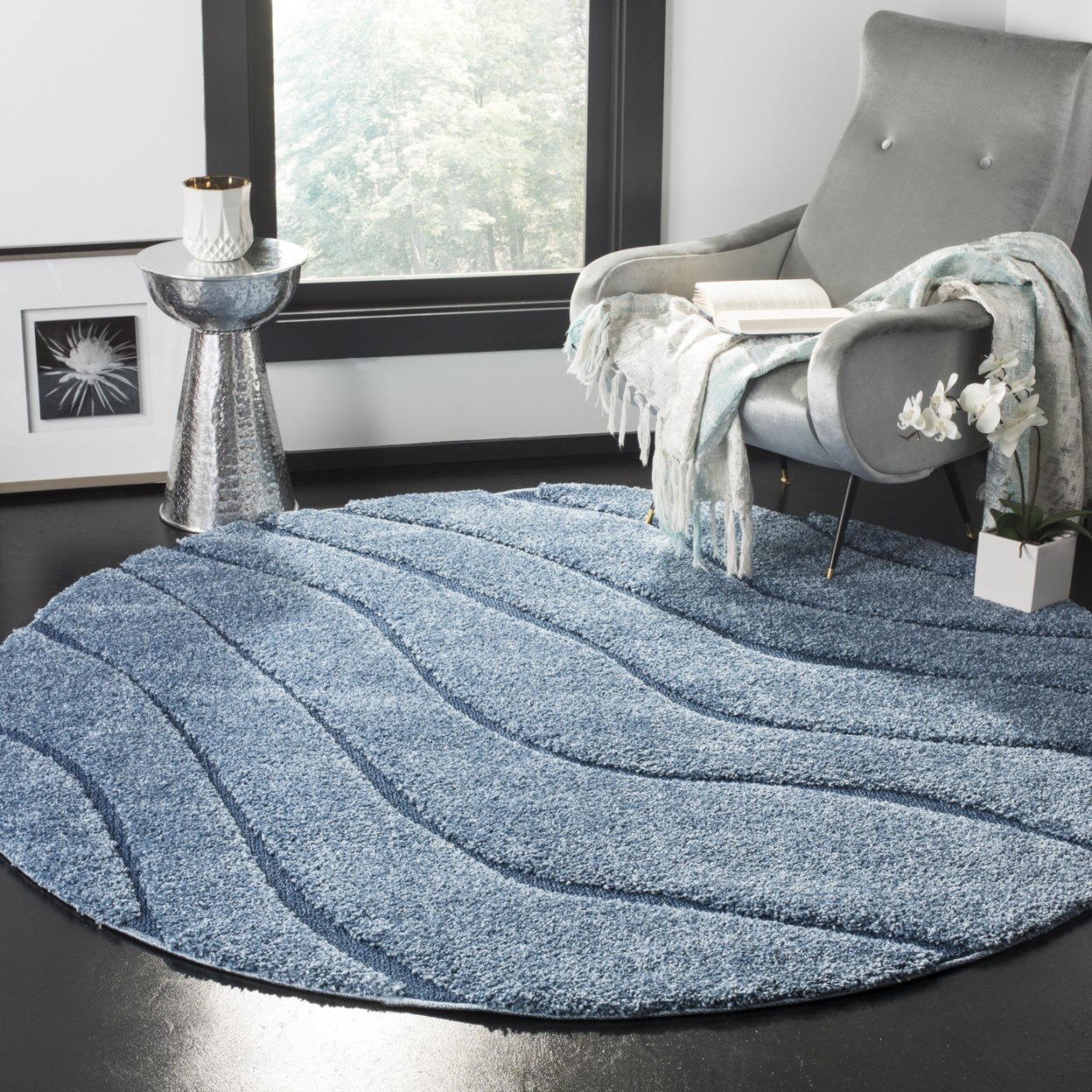 SAFAVIEH Florida Tabitha Geometric Waves Shag Runner Rug, Light Blue/Blue, 2'3\" x 7'