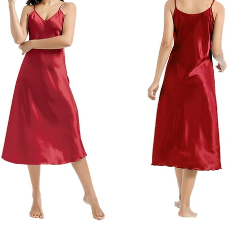 HCURIBAD Silk Nightgown for Women Satin Nightgowns Women s Nightgown Sleepwear Sexy V Neck Negligee Lingerie Long Nightwear 2024 New (Clearance) Women s Sleepwear Summer Nightgowns Watermelon Red L