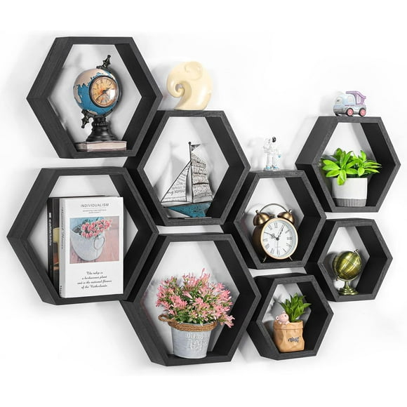 Hexagon Floating Shelves Set of Farmhouse Honeycomb Wall Storage Shelf Wood Display Hexagonal Shelves Wall Mounted Hanging Shelf Racks for Bedroom Living Room Hallway Office Decor Brow
