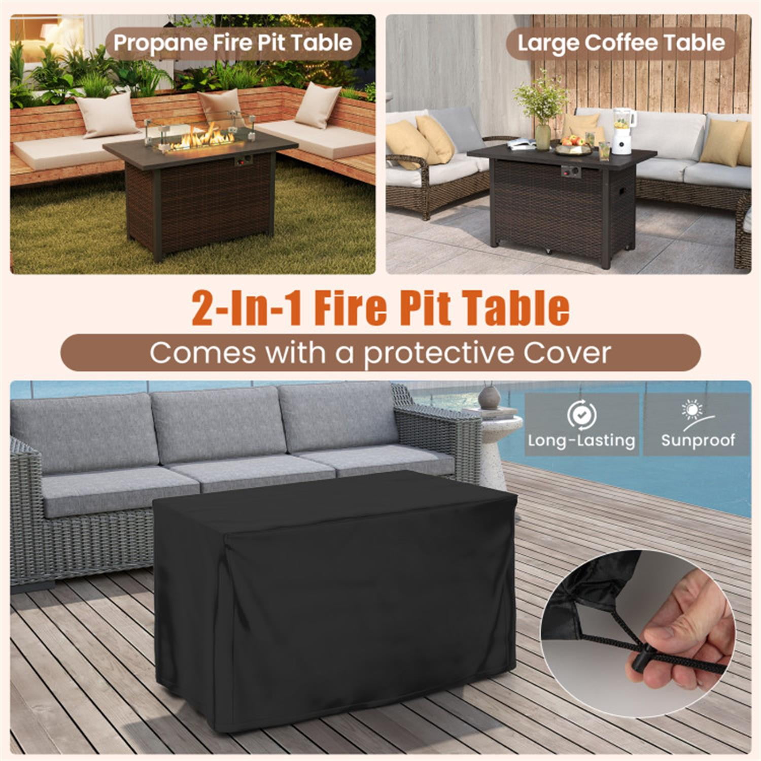 Demi Bonn 50000 BTU 2" Outdoor Ropane Gas Fire Pit Table with Wind Guard and Glass Rocks for Garden and Patio, Brown