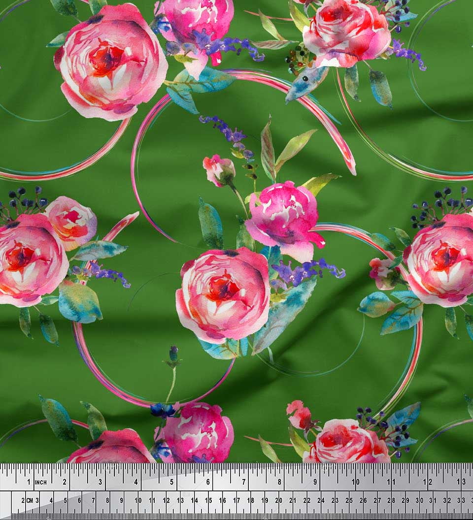Soimoi Green Viscose Chiffon Fabric Leaves & Ranunculus Floral Fabric Prints By Yard 42 Inch Wide