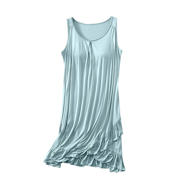 Gfyviroh Modal Nightgowns for Women Sleeveless Pleated Crew Neck Nightshirts Ruffle Hem Chest Padded Tank Nightdress