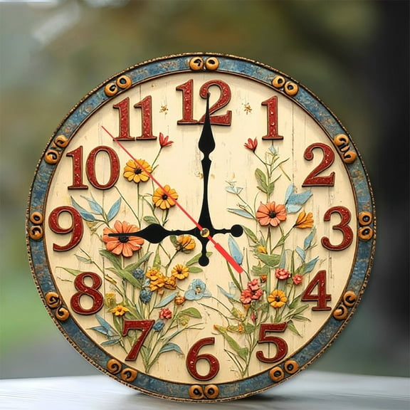 Vintage Floral Wall Clock Rustic Farmhouse Decor 10-Inch Silent Wooden Wall Clock, Battery Operated (AA Batteries Not Included), Artistic Home Decor