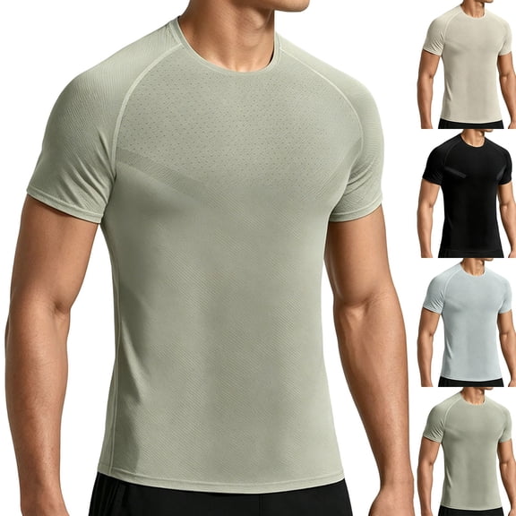 Men's Compression Shirt Mesh Short Sleeve Workout Gym Top Breathable Cool Dry Athletic Base Layer Undershirt T-Shirt for Sport Running Big and Tall Size M-3XL Khaki