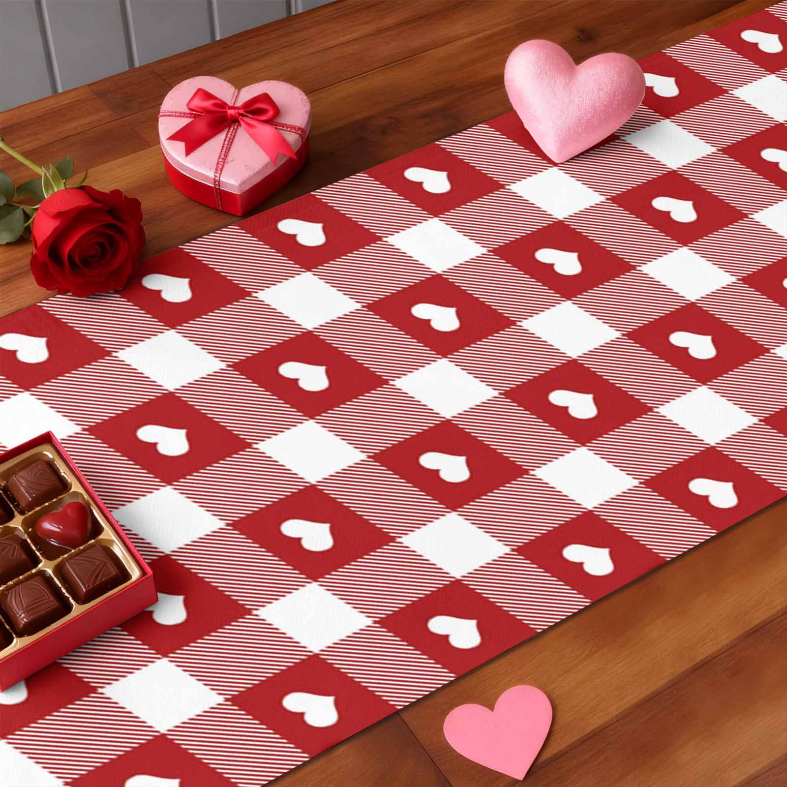 Valentine's Day Cotton Linen Table Runner Romantic Love Heart Red White Plaid Dining Table Runners for Home Decor Party Dining Room Restaurant Kitchen Party 13" x 90"