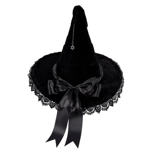 Womens Gothic Witch Hat Velvet with Lace Trim, Wide Brim Pointed Cone Costume Hat, Wizard Headwear for Halloween Party Dress Up Black
