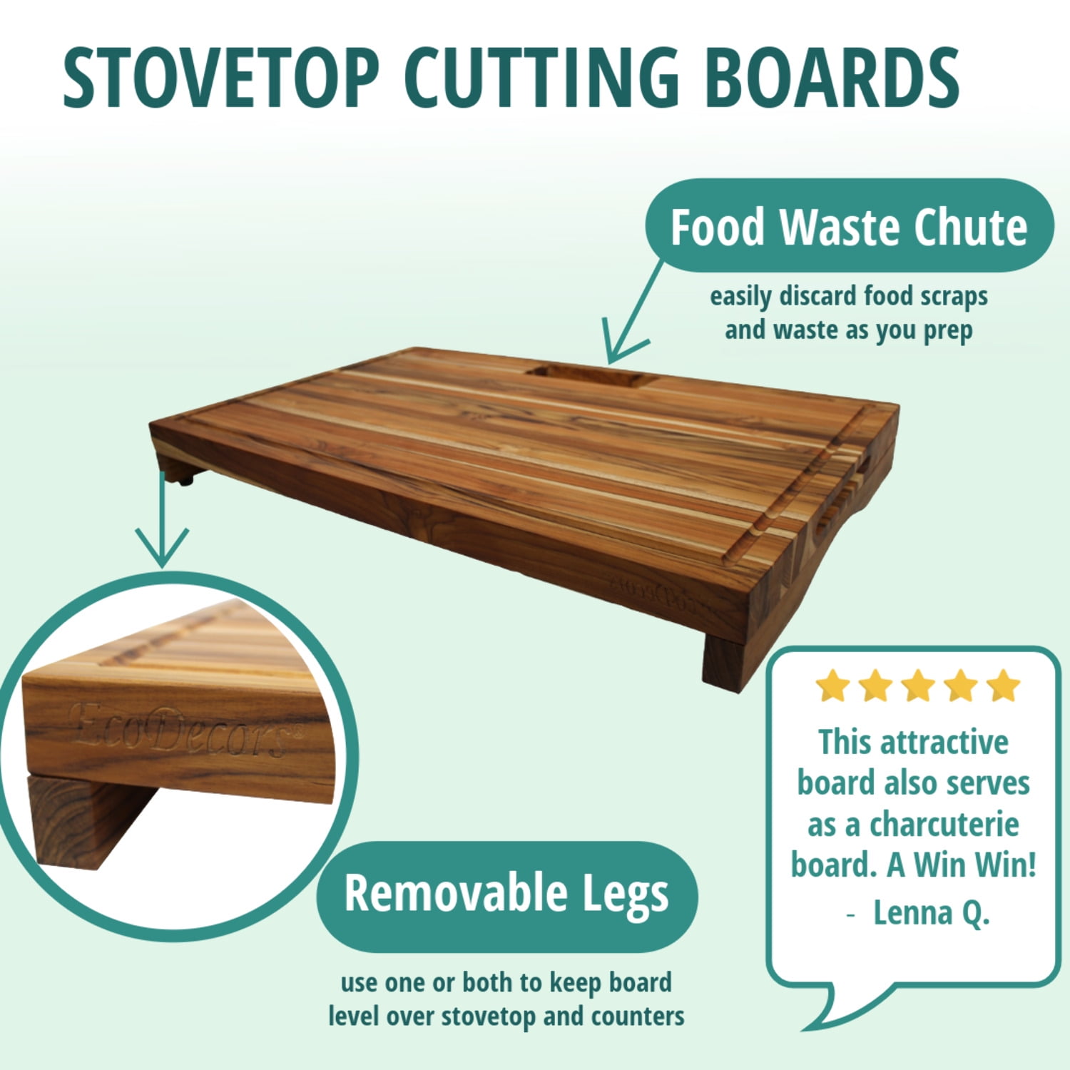 EcoDecors 29" x 18" FSC Teak Edge Grain Stove Top Cutting Board with Groove  Handle