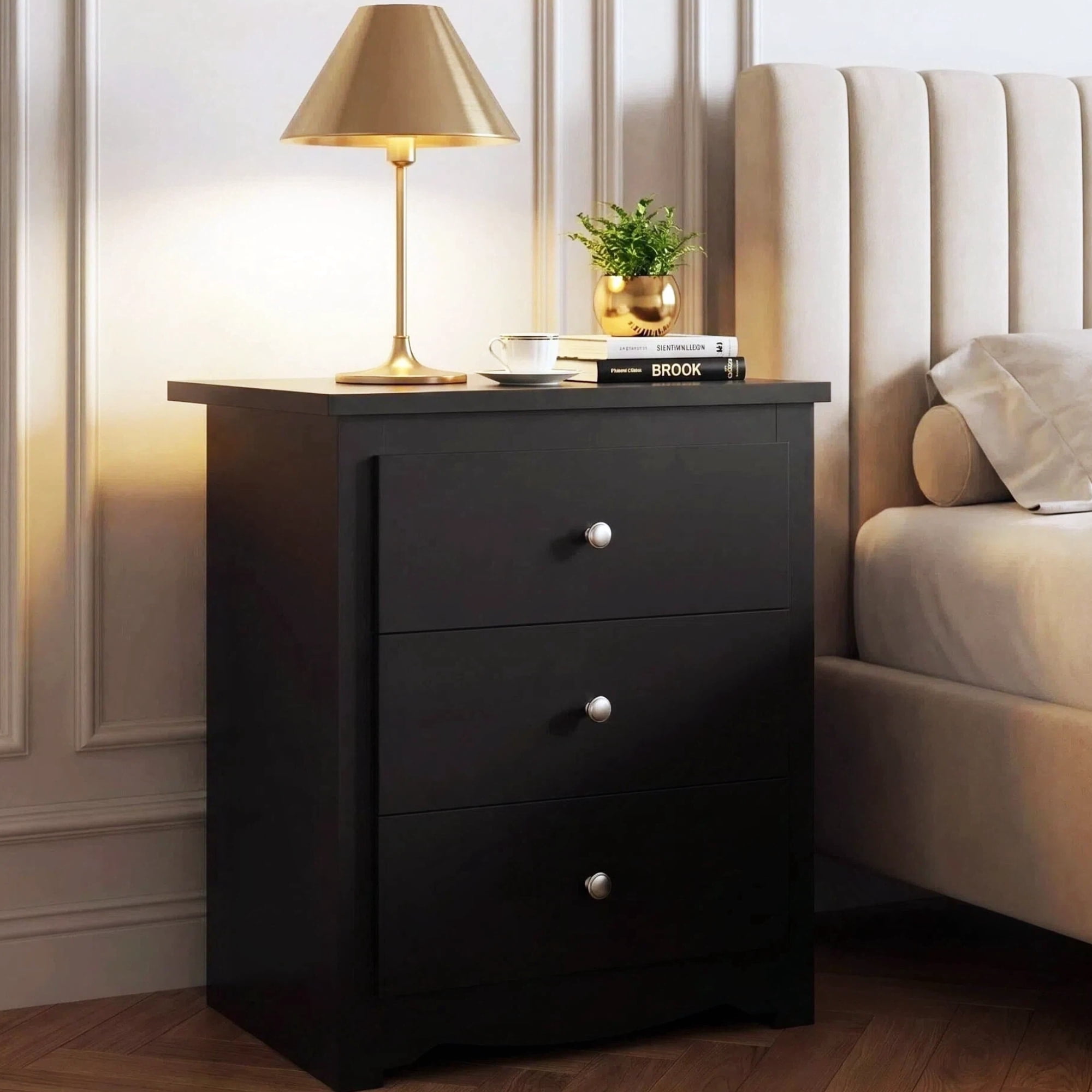 GALAXHERO Tall Black Nightstand with Charging Station and 3 Drawers, Wood Bedside End Table with 2 USB Ports & 2 AC Outlets for Bedroom Living Room Dorm