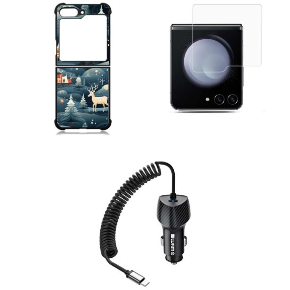 Bemz Phone Case for Samsung Galaxy Z Flip 5 Bundle with Slim Shockproof Scratch Resistant Protective TPU Cover, Glass Screen Protector, 40W Car Charger (USB-C Port) - 5 Foot (Reindeer Snow)