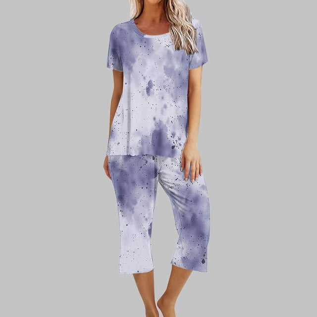 Liquidation Aujourd'hui Iumwxz Pyjamas Décontractés Fluides Ensembles Femmes Tenues d'Été Teinture sur Nœuds Graphique Col Rond Manches Courtes Taille Élastique Pantalons Courts Ensembles pour Femmes Vacances