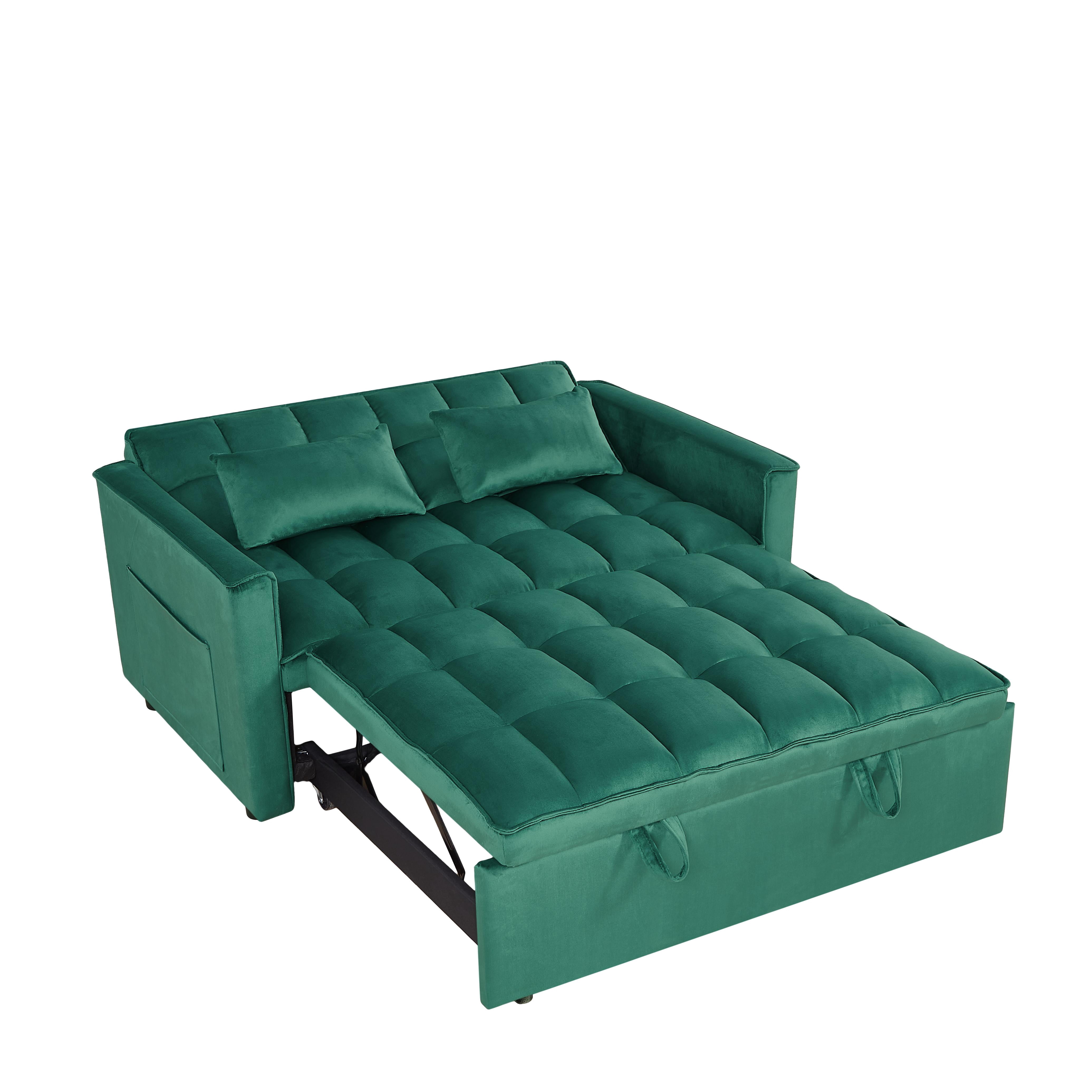 BSHTI 54" Pull-Out Sleeper Sofa Bed – Converts to Twin Size Bed with 3 Adjustable Angles, Velvet Upholstery, Solid Wood Frame, Side Pocket Storage, 2 Pillows Included,Green