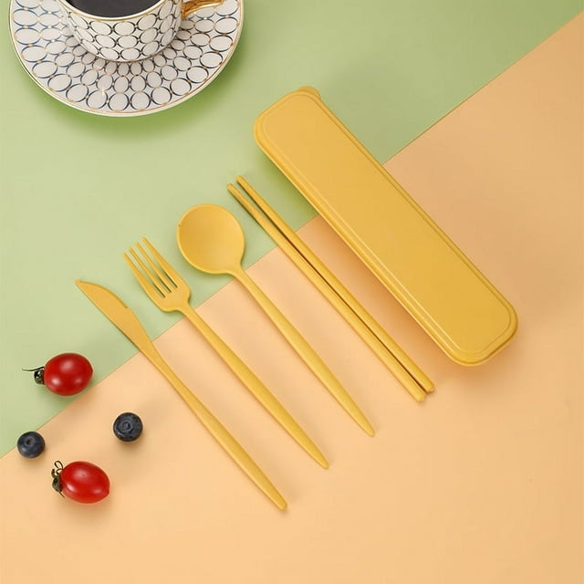 Nvzi Reusable Travel Utensils with Case, 2 Sets Portable Cutlery Set Camping Sets for Daily Use or Outdoor,Yellow