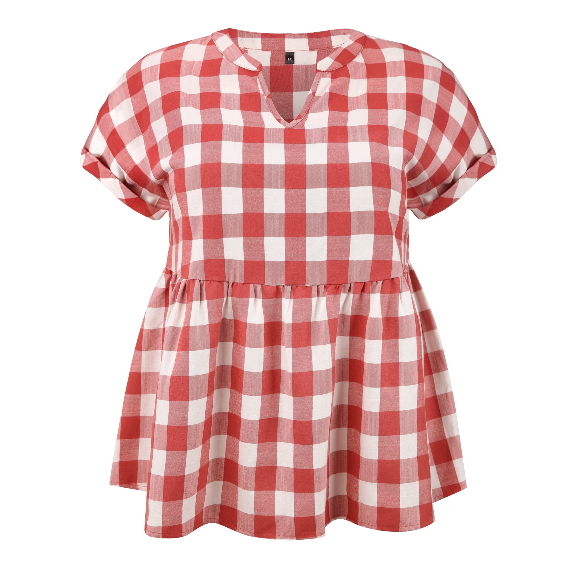 DARING DIVA Women's Plus Gingham Notch V Neck Blouse Babydoll Peplum Top 3X Red