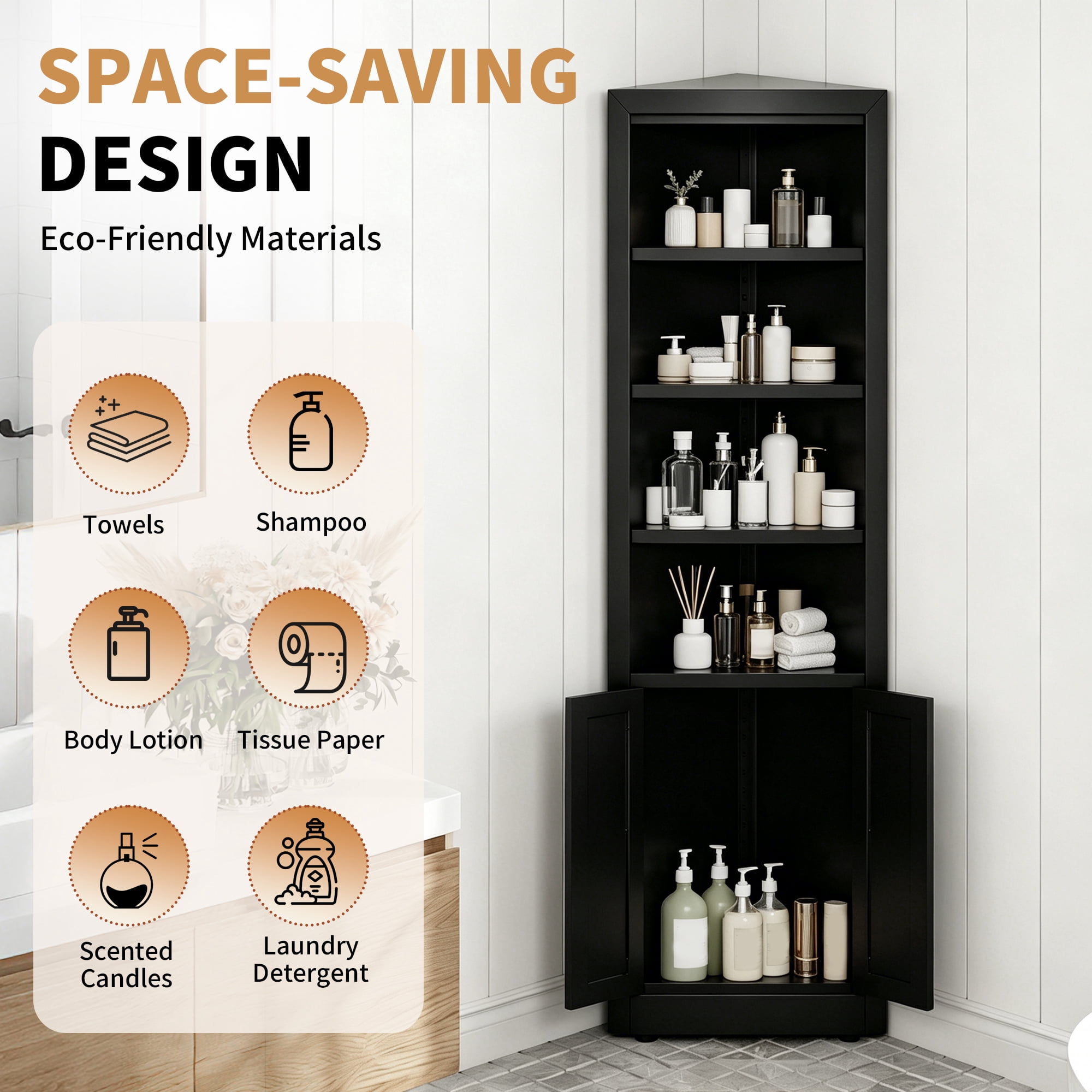 Leumius 71" Tall Corner Storage Cabinet with 2 Doors,Freestanding 5-Tier Metal Cabinet with Adjustable Shelves for Kitchen Living Room Bathroom,Black