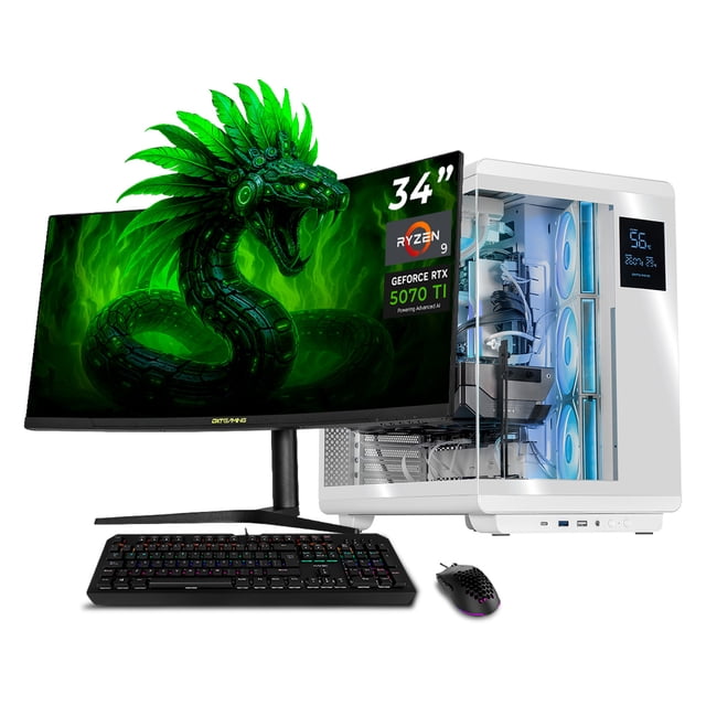 PC Gamer Completa IA DXT GAMING NVIDIA GeForce RTX 5070 Ti AMD Ryzen 9 9900X 32GB DDR5 SSD 2TB Monitor Curvo 34 180Hz Sistema Liquido WIFI White Alto Desempeño Creativo con IA Integrada