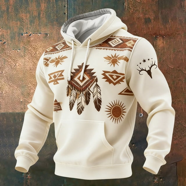 Men's Pullover Hoodie with Front Pocket and Aztec Styling for Casual Everyday Wear Slim Fit Drawstring Suitable for Spring Autumn Winter