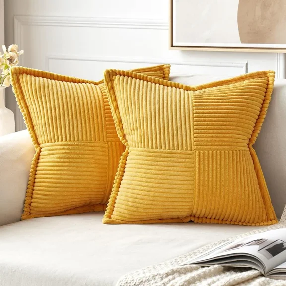 Yellow Pillow Covers 18x18 Inch with Splicing Set of 2 Super Soft Boho Striped Corduroy Pillow Covers Broadside Decorative Textured Throw Pillows for Fall Couch Cushion Livingroom