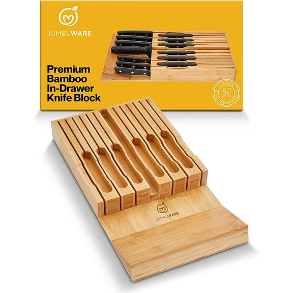 JumblWare Bamboo Knife Block, Wooden Knife Drawer Organizer for 12 Steak Knives