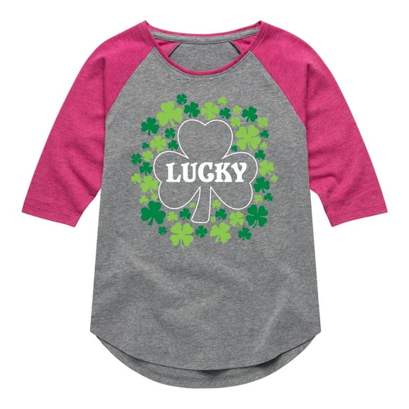 Instant Message - St. Patrick's Day - Lucky - Shamrocks - Toddler And Youth Girls Raglan Graphic T-Shirt