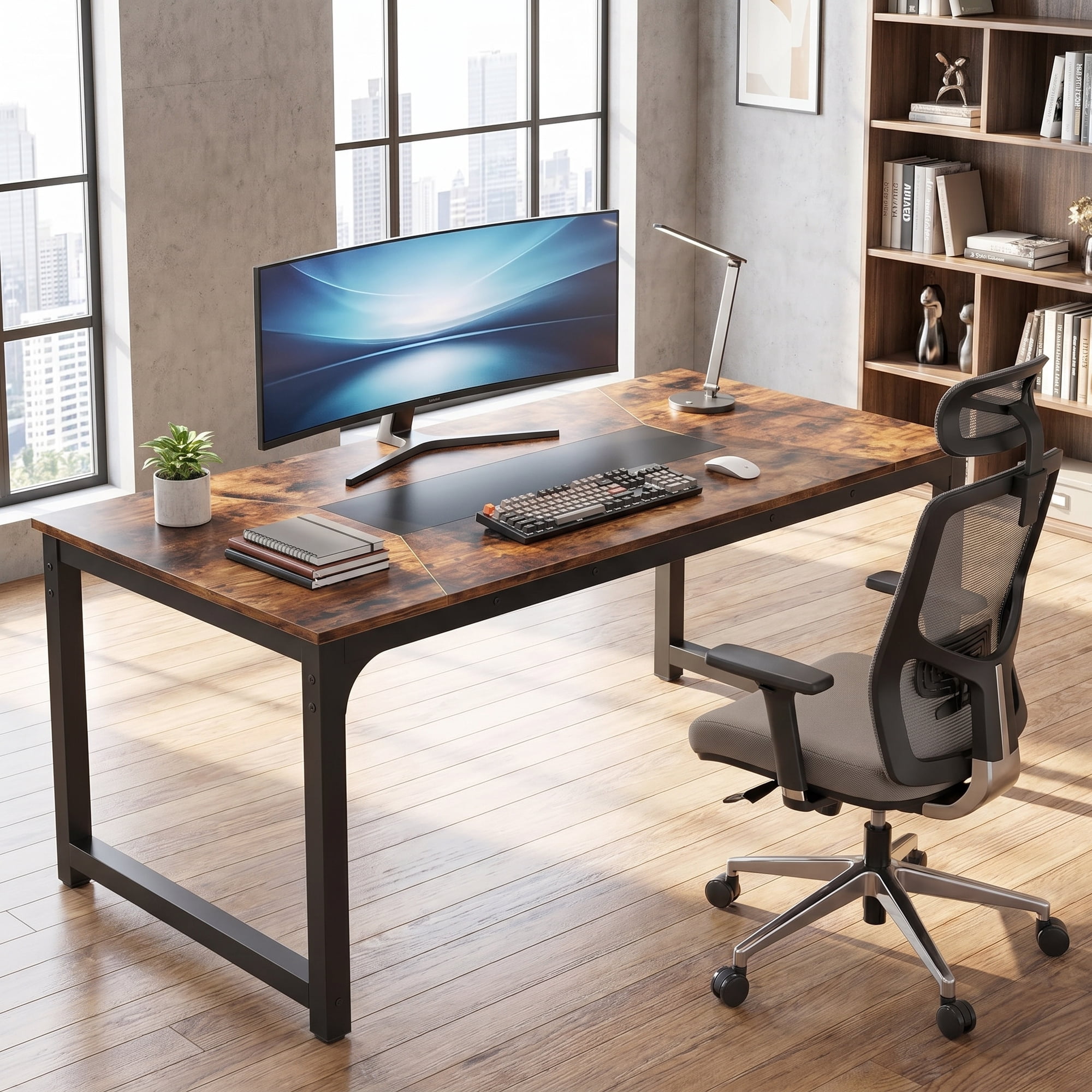 Finmind 70.8 inch Modern Computer Desk, Large Induatrial Executive Office Desk Study Writing Table Workstation for Home Office,Rustic Brown & Black